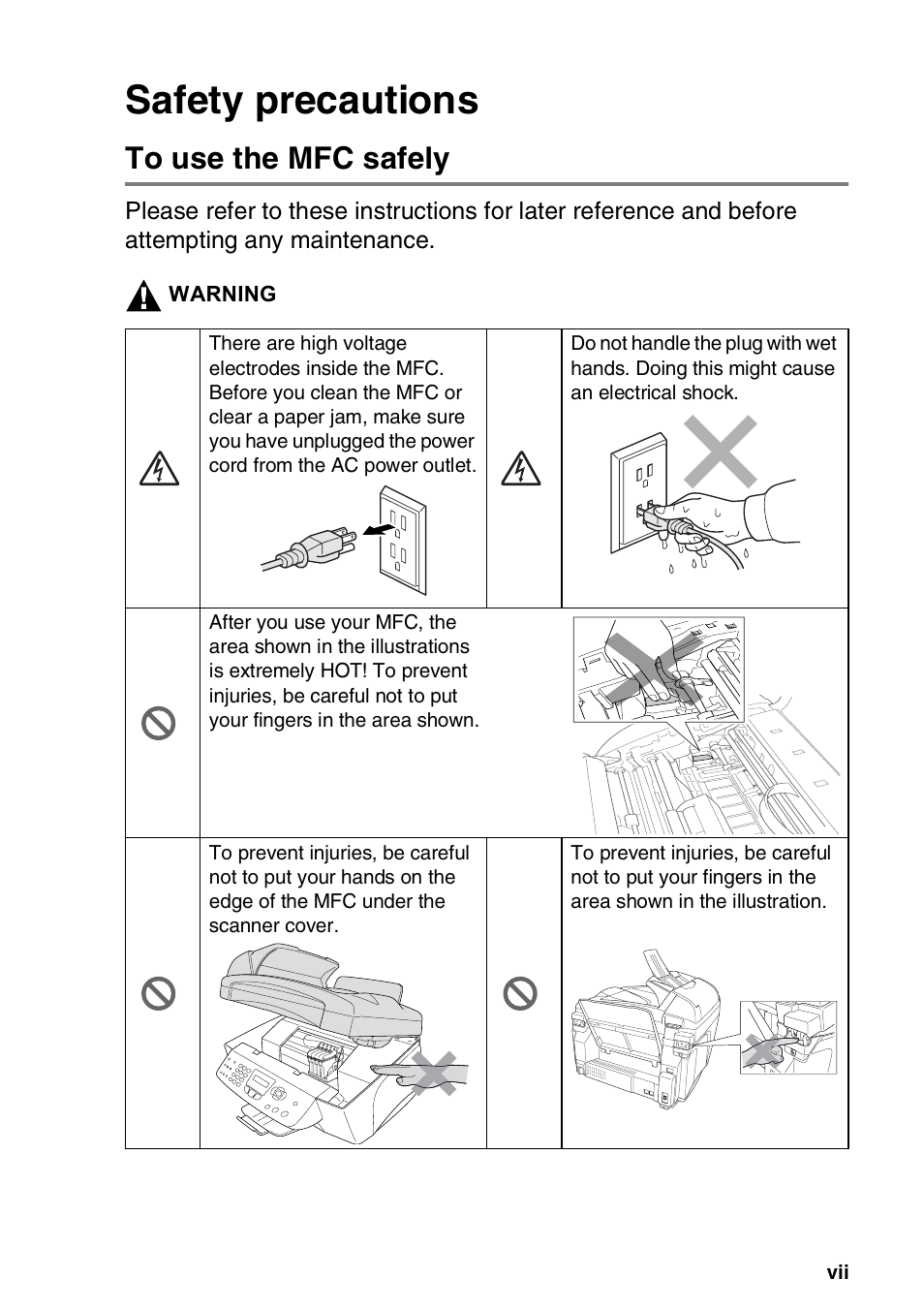 Safety precautions, To use the mfc safely | Brother MFC-3820CN User Manual | Page 9 / 191