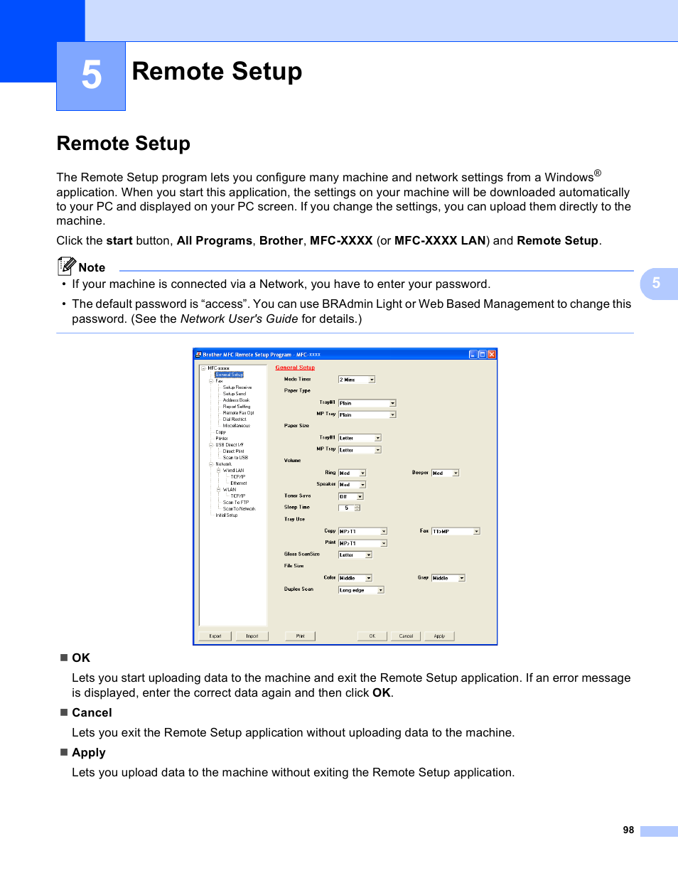 5 remote setup, Remote setup | Brother MFC 9970CDW User Manual | Page 105 / 259