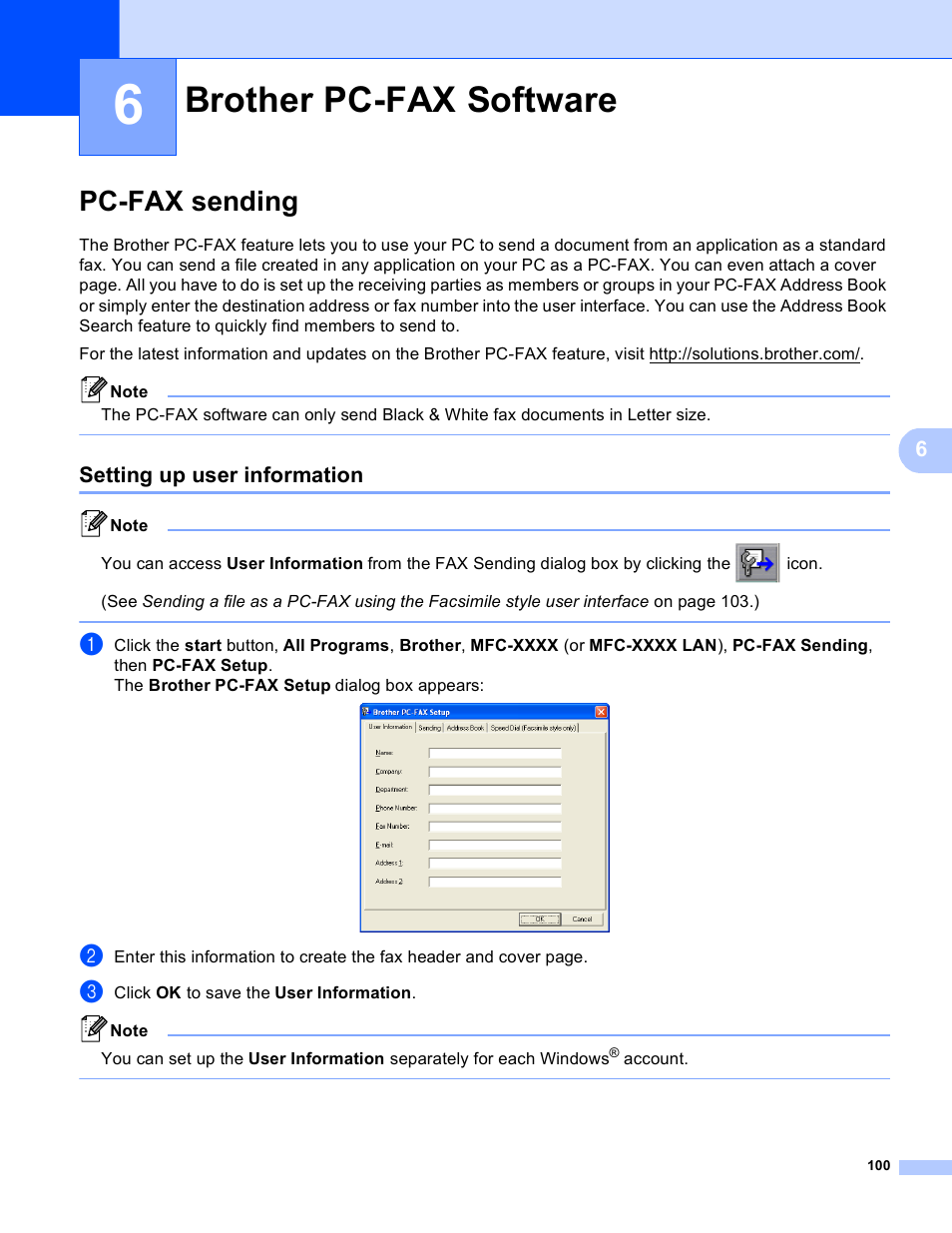 6 brother pc-fax software, Pc-fax sending, Setting up user information | Brother pc-fax software | Brother MFC 9970CDW User Manual | Page 107 / 259