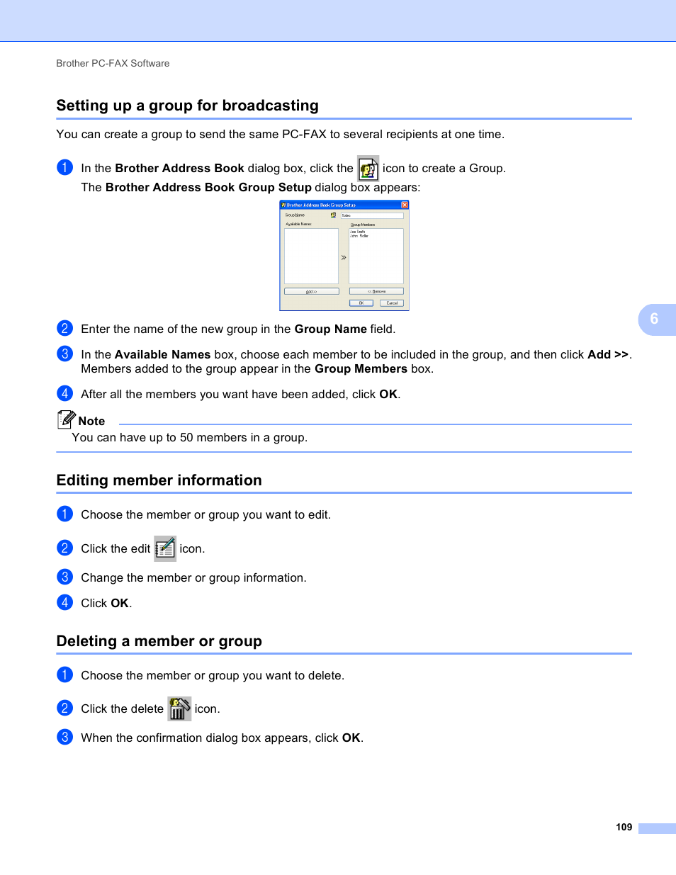 Setting up a group for broadcasting, Editing member information, Deleting a member or group | 6setting up a group for broadcasting | Brother MFC 9970CDW User Manual | Page 116 / 259