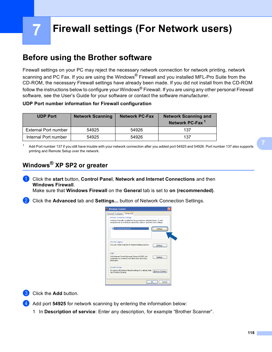 7 firewall settings (for network users), Before using the brother software, Windows® xp sp2 or greater | Firewall settings (for network users), Windows, Xp sp2 or greater | Brother MFC 9970CDW User Manual | Page 125 / 259