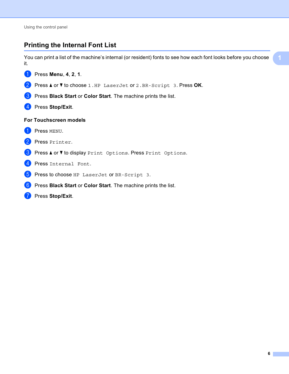 Printing the internal font list | Brother MFC 9970CDW User Manual | Page 13 / 259