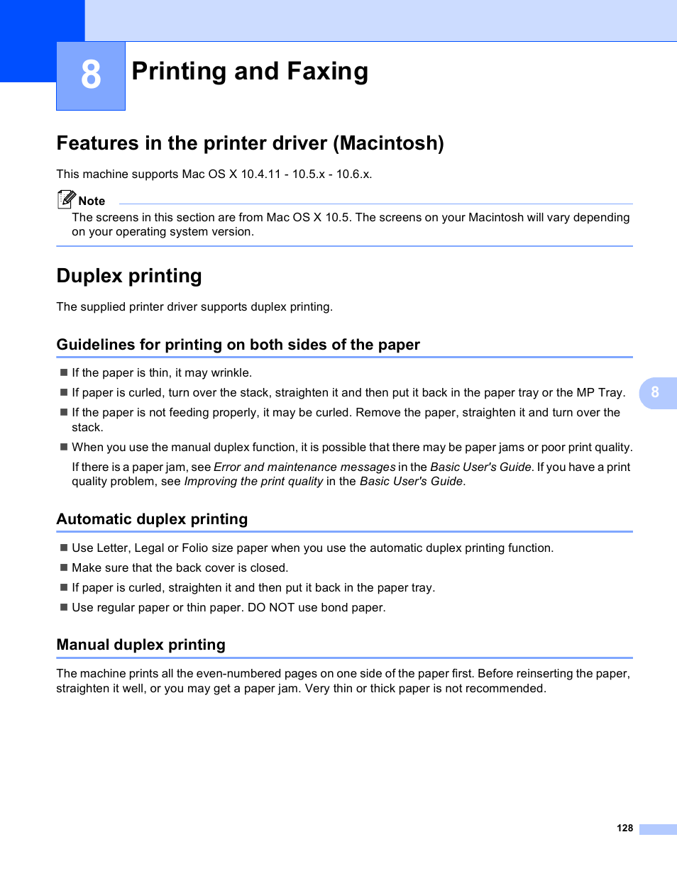 8 printing and faxing, Features in the printer driver (macintosh), Duplex printing | Guidelines for printing on both sides of the paper, Automatic duplex printing, Manual duplex printing, Printing and faxing | Brother MFC 9970CDW User Manual | Page 135 / 259