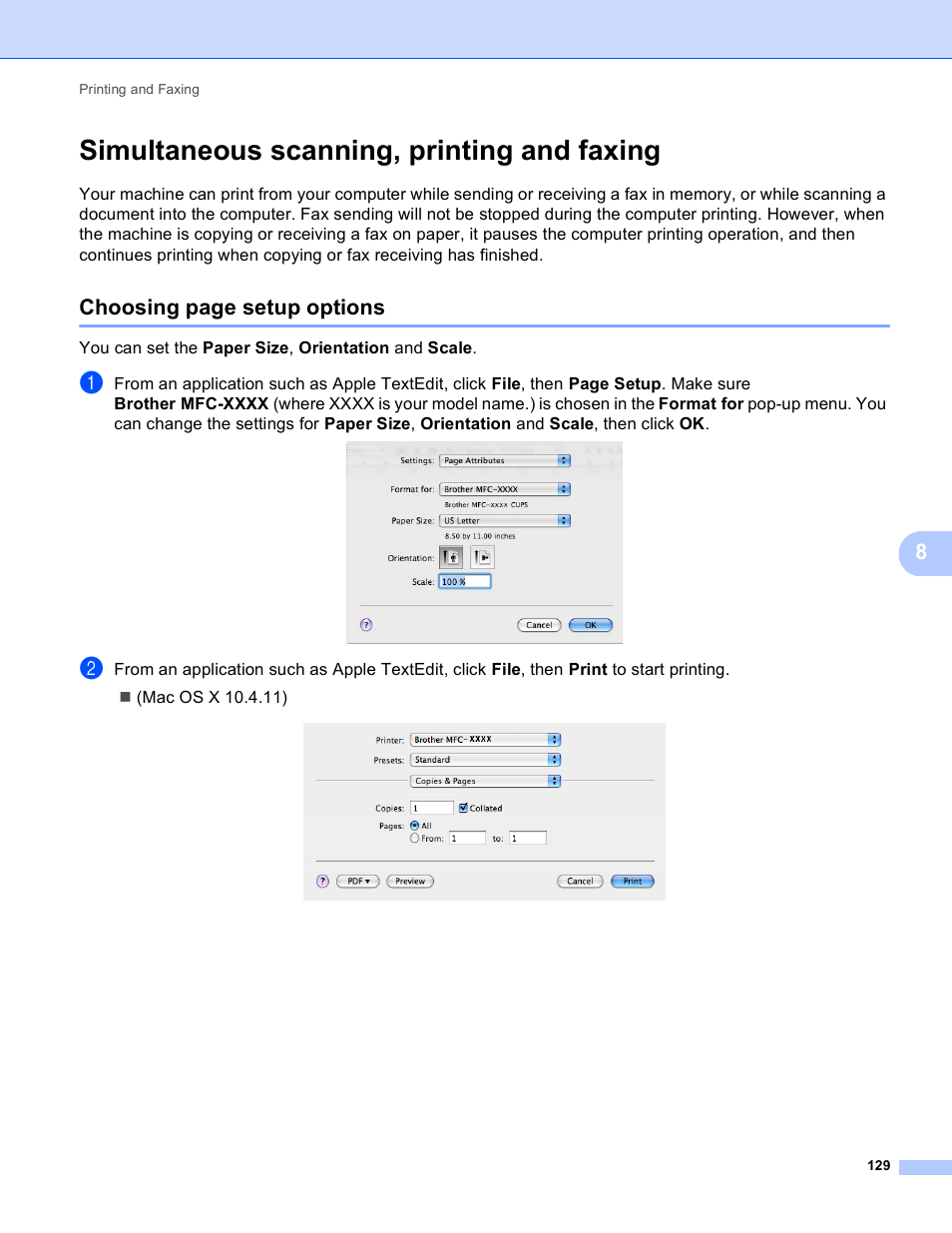 Simultaneous scanning, printing and faxing, Choosing page setup options | Brother MFC 9970CDW User Manual | Page 136 / 259