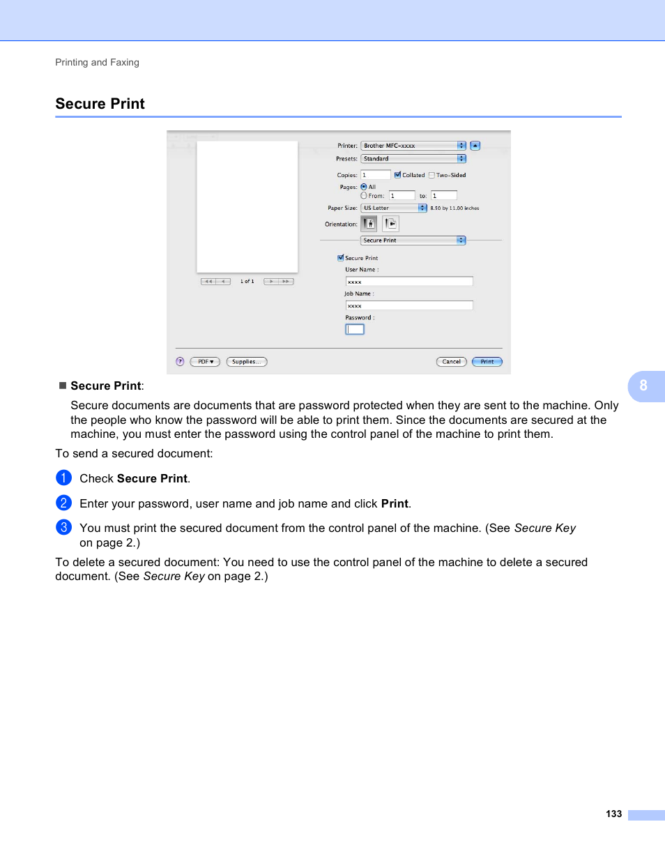 Secure print, 8secure print | Brother MFC 9970CDW User Manual | Page 140 / 259