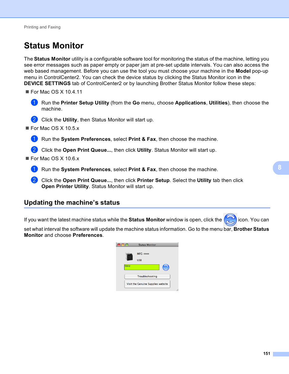 Status monitor, Updating the machine’s status | Brother MFC 9970CDW User Manual | Page 158 / 259