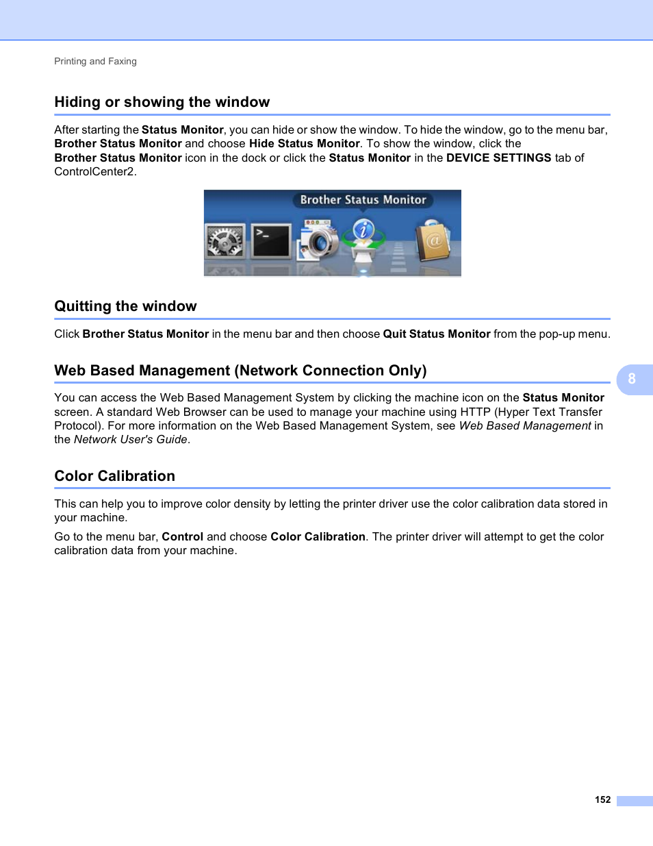 Hiding or showing the window, Quitting the window, Web based management (network connection only) | Color calibration, Hiding or showing the window quitting the window, 8hiding or showing the window | Brother MFC 9970CDW User Manual | Page 159 / 259