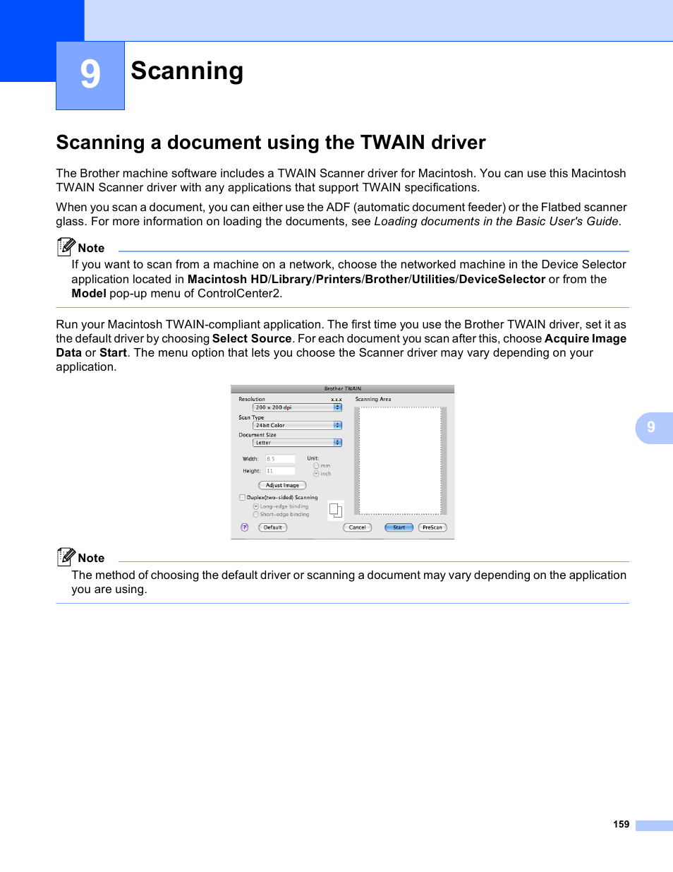 9 scanning, Scanning a document using the twain driver, Scanning | Brother MFC 9970CDW User Manual | Page 166 / 259