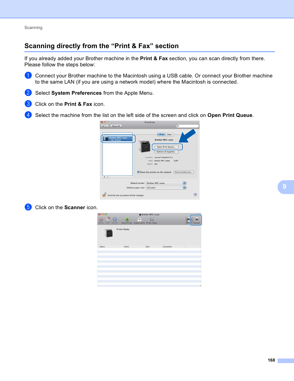 Scanning directly from the “print & fax” section | Brother MFC 9970CDW User Manual | Page 175 / 259