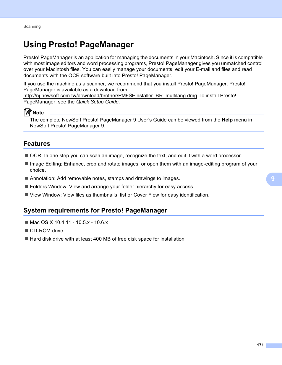 Features, Using presto! pagemanager, System requirements for presto! pagemanager | Brother MFC 9970CDW User Manual | Page 178 / 259