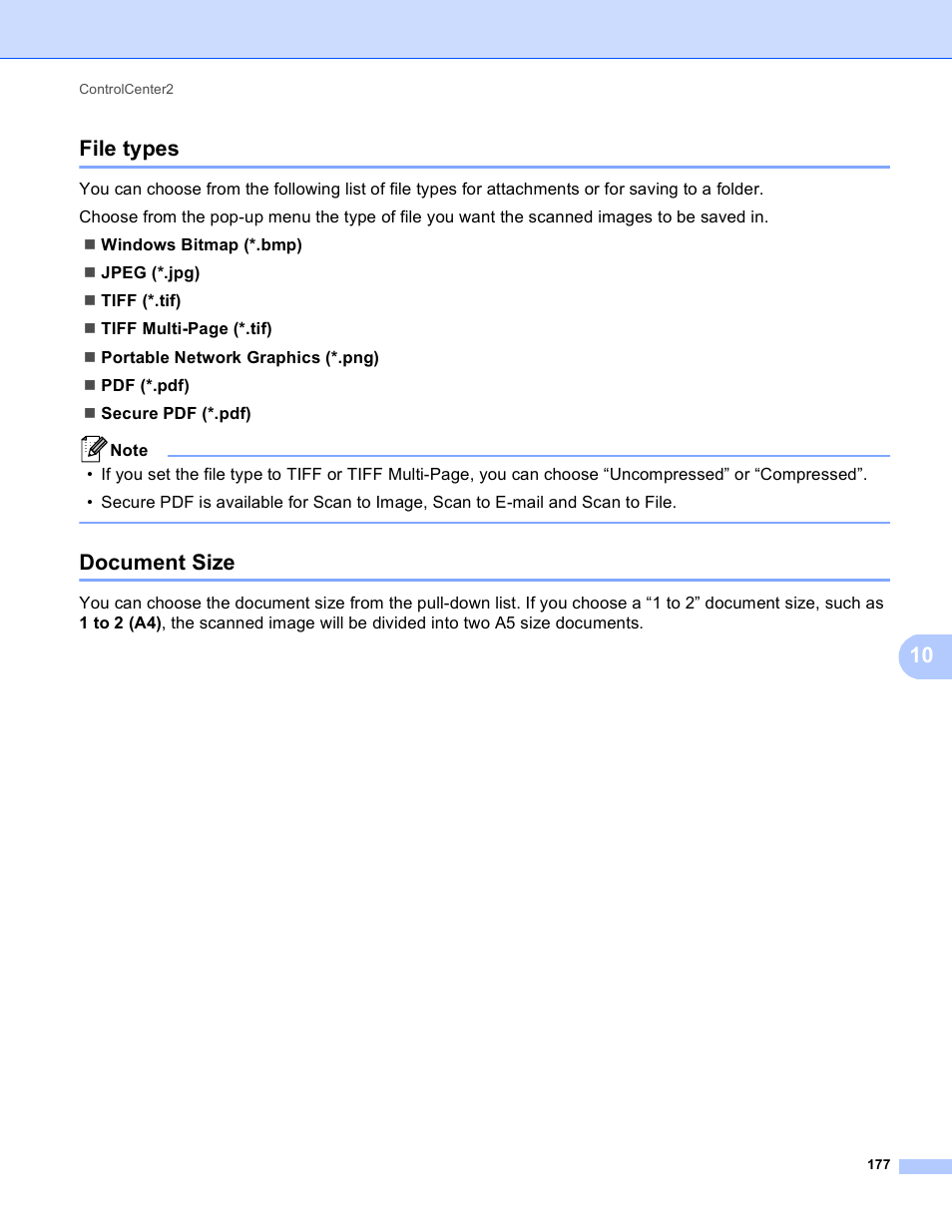 File types, Document size, File types document size | 10 file types | Brother MFC 9970CDW User Manual | Page 184 / 259