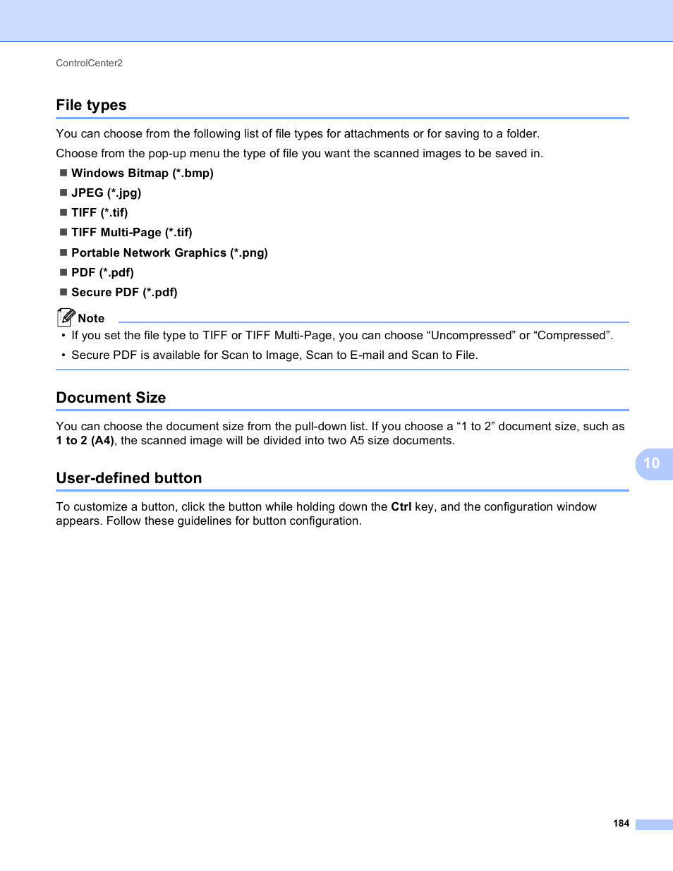 File types, Document size, User-defined button | File types document size user-defined button, 10 file types | Brother MFC 9970CDW User Manual | Page 191 / 259