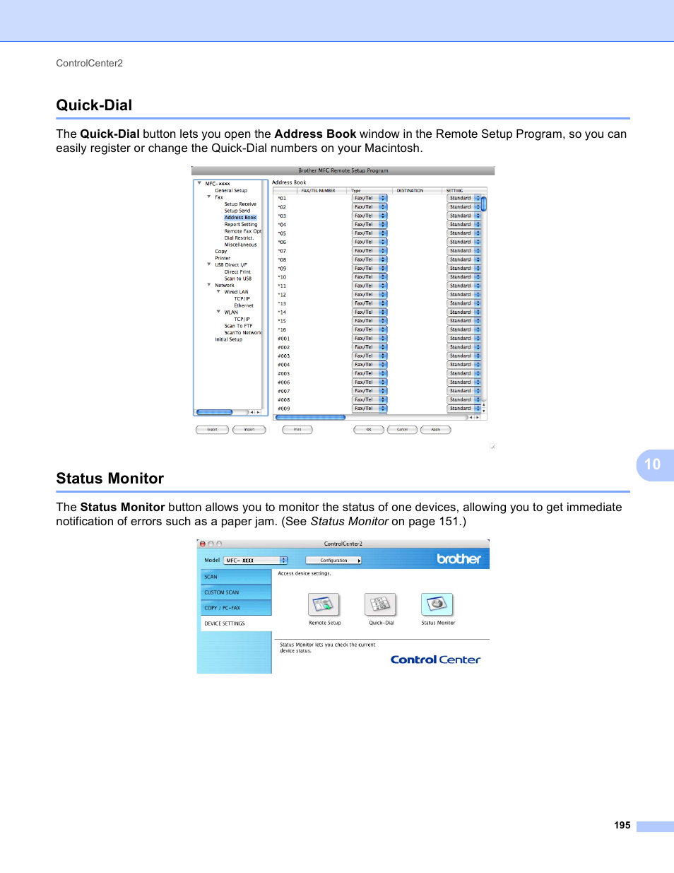 Quick-dial, Status monitor, Quick-dial status monitor | 10 quick-dial | Brother MFC 9970CDW User Manual | Page 202 / 259