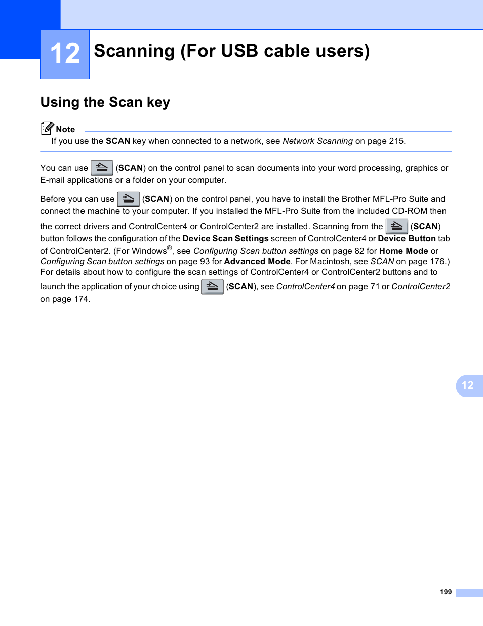 12 scanning (for usb cable users), Using the scan key, Scanning (for usb cable users) | Brother MFC 9970CDW User Manual | Page 206 / 259