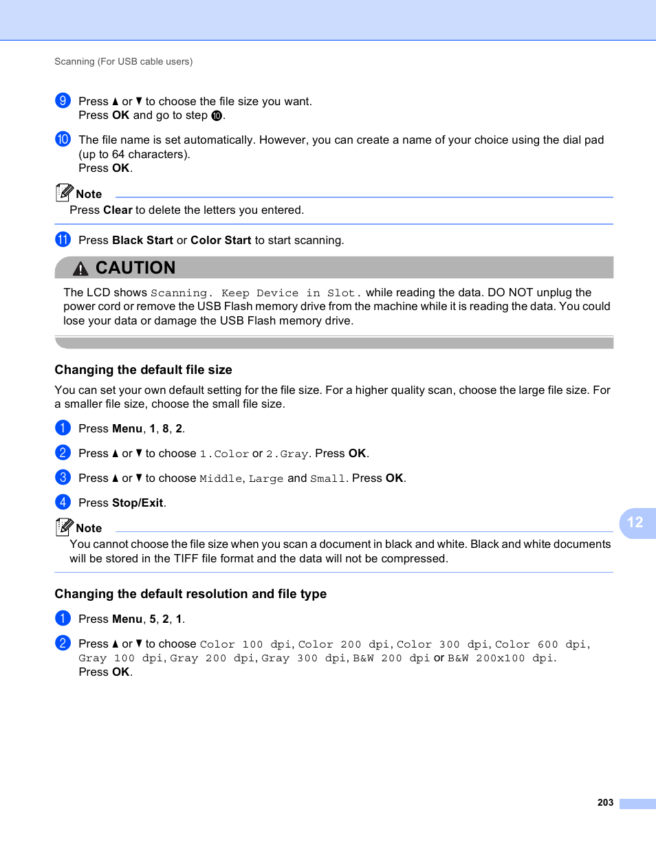Changing the default file size, Changing the default resolution and file type, Caution | Brother MFC 9970CDW User Manual | Page 210 / 259