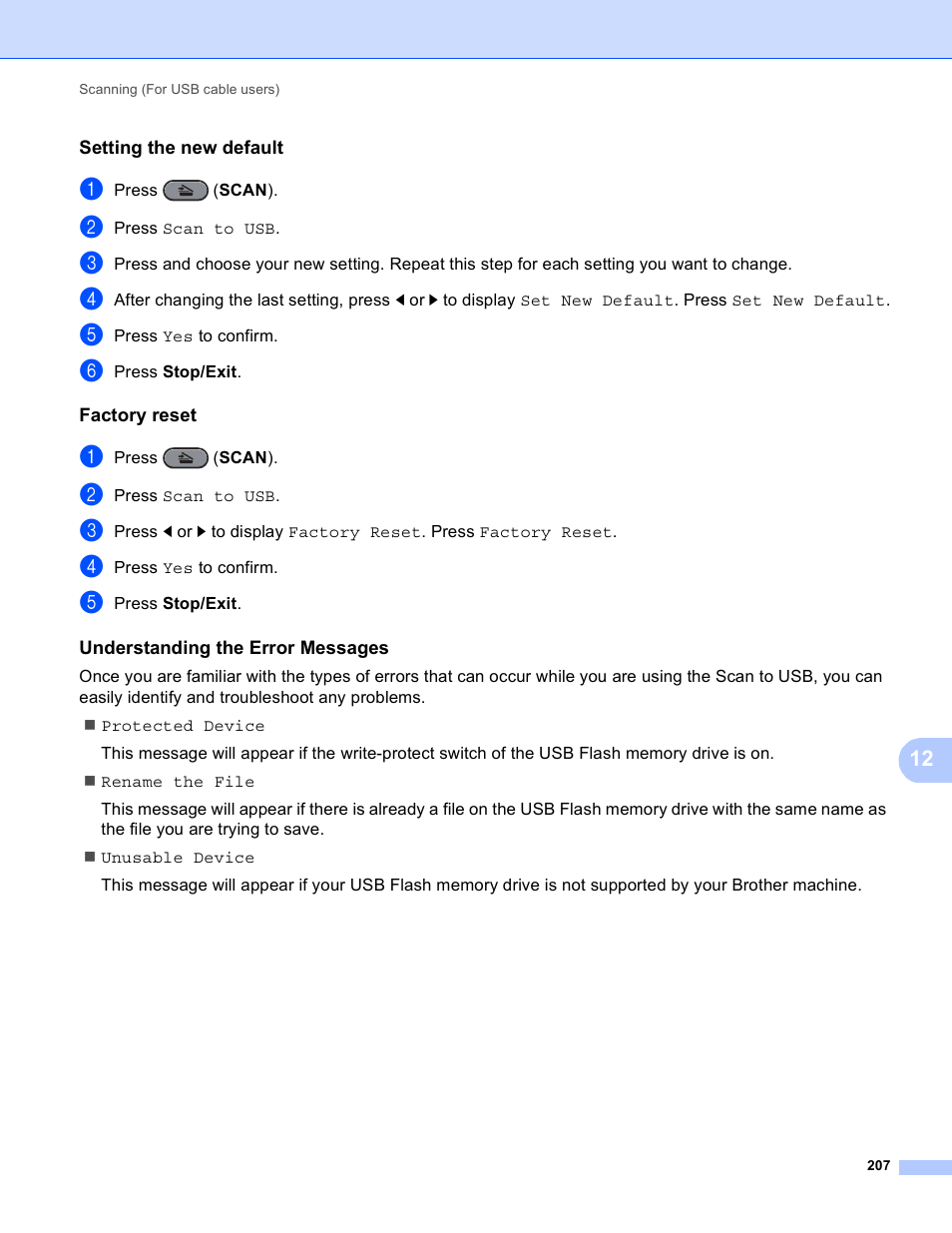 Setting the new default, Factory reset, Understanding the error messages | Brother MFC 9970CDW User Manual | Page 214 / 259