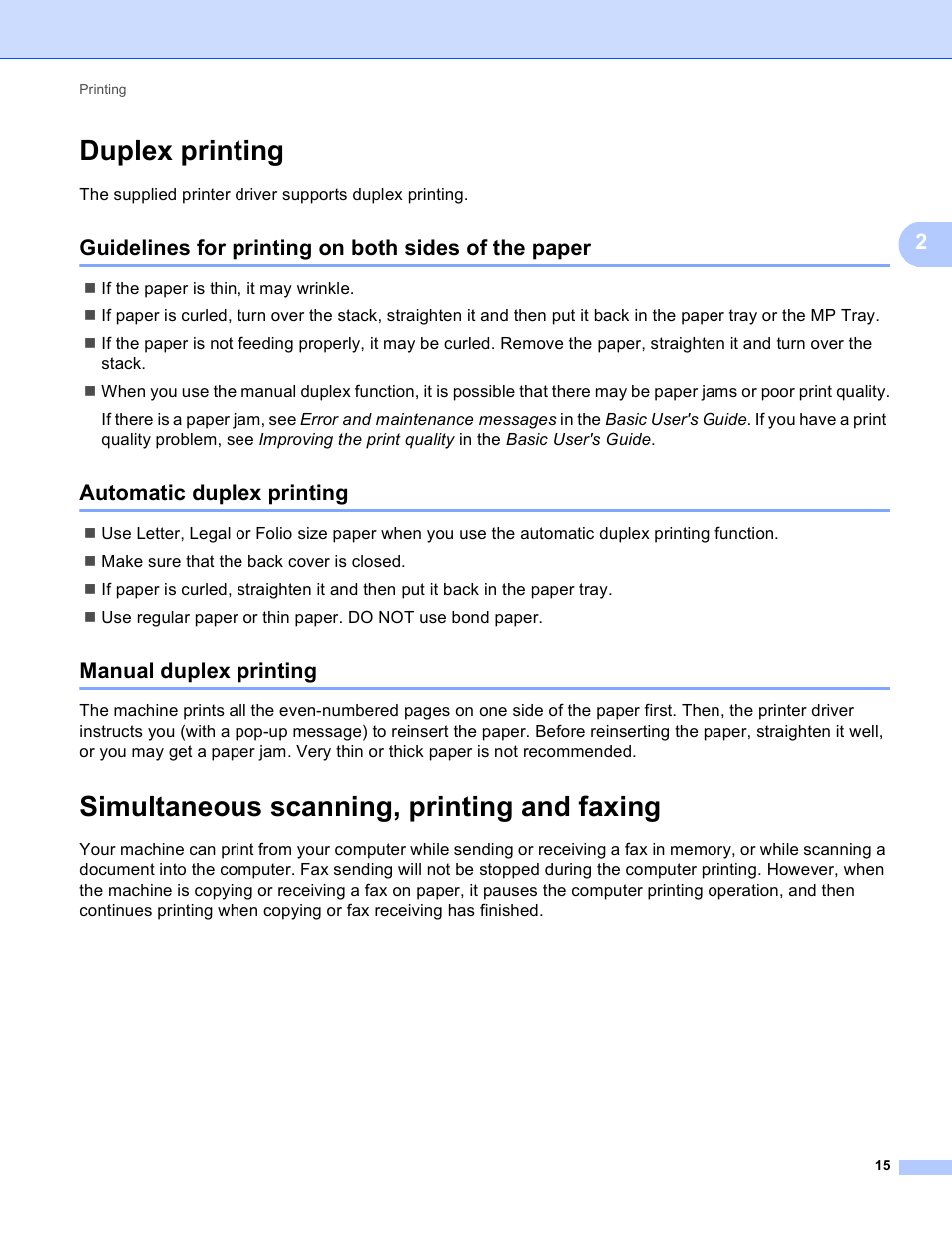 Duplex printing, Guidelines for printing on both sides of the paper, Automatic duplex printing | Manual duplex printing, Simultaneous scanning, printing and faxing | Brother MFC 9970CDW User Manual | Page 22 / 259