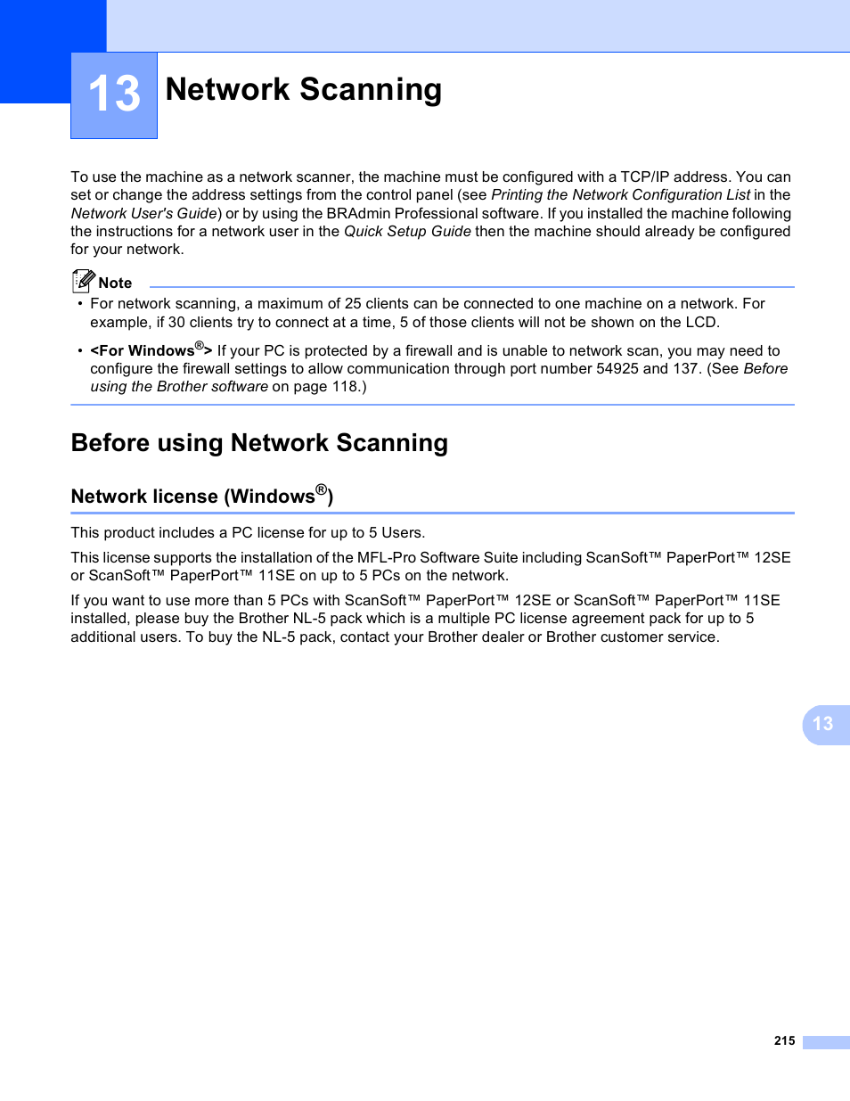 13 network scanning, Before using network scanning, Network license (windows®) | Network scanning, Network license (windows | Brother MFC 9970CDW User Manual | Page 222 / 259