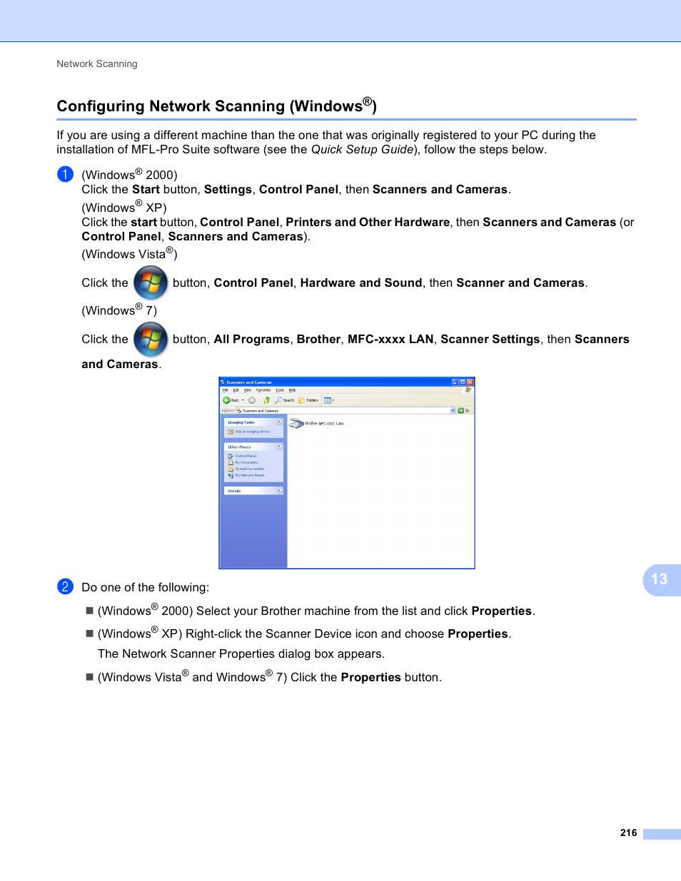 Configuring network scanning (windows®), Configuring network scanning (windows, 13 configuring network scanning (windows | Brother MFC 9970CDW User Manual | Page 223 / 259