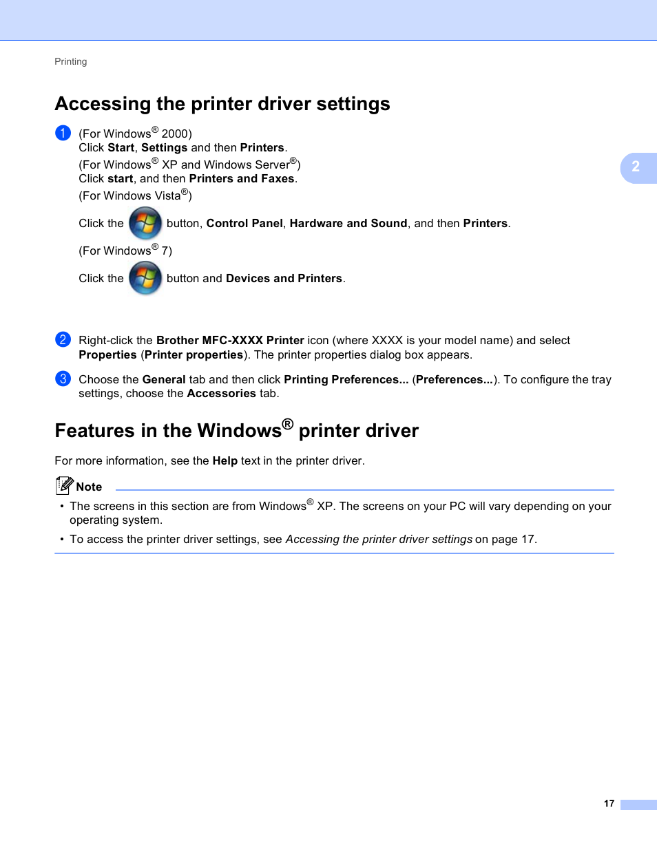 Accessing the printer driver settings, Features in the windows® printer driver, Printer driver | Features in the windows | Brother MFC 9970CDW User Manual | Page 24 / 259