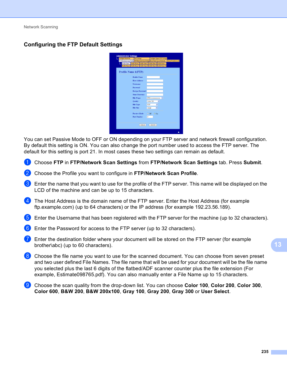 Configuring the ftp default settings | Brother MFC 9970CDW User Manual | Page 242 / 259