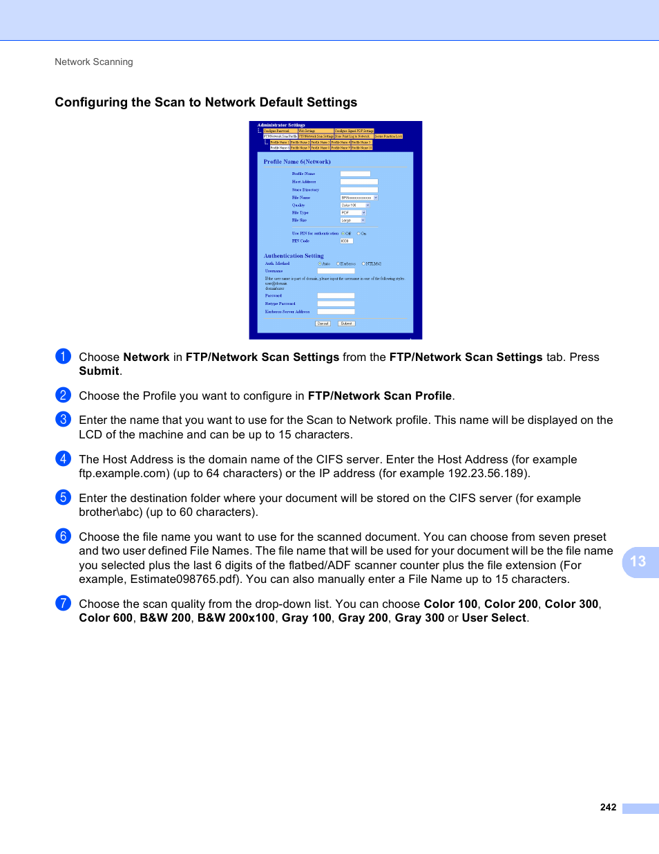 Configuring the scan to network default settings | Brother MFC 9970CDW User Manual | Page 249 / 259