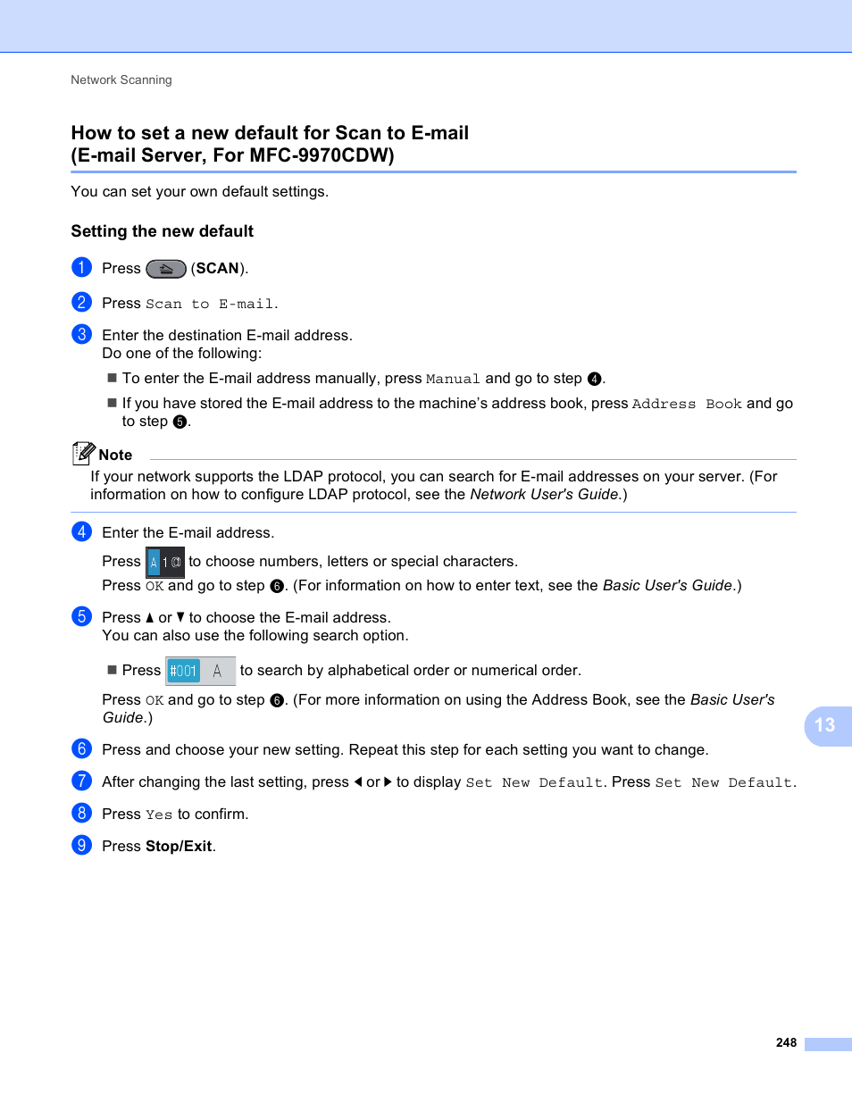 Setting the new default, How to set a new default for scan to e-mail, E-mail server, for mfc-9970cdw) | Brother MFC 9970CDW User Manual | Page 255 / 259