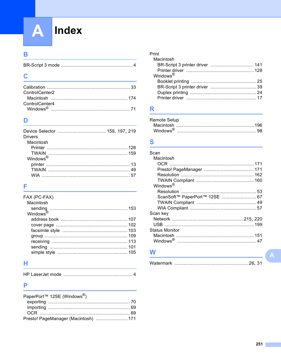 Index | Brother MFC 9970CDW User Manual | Page 258 / 259