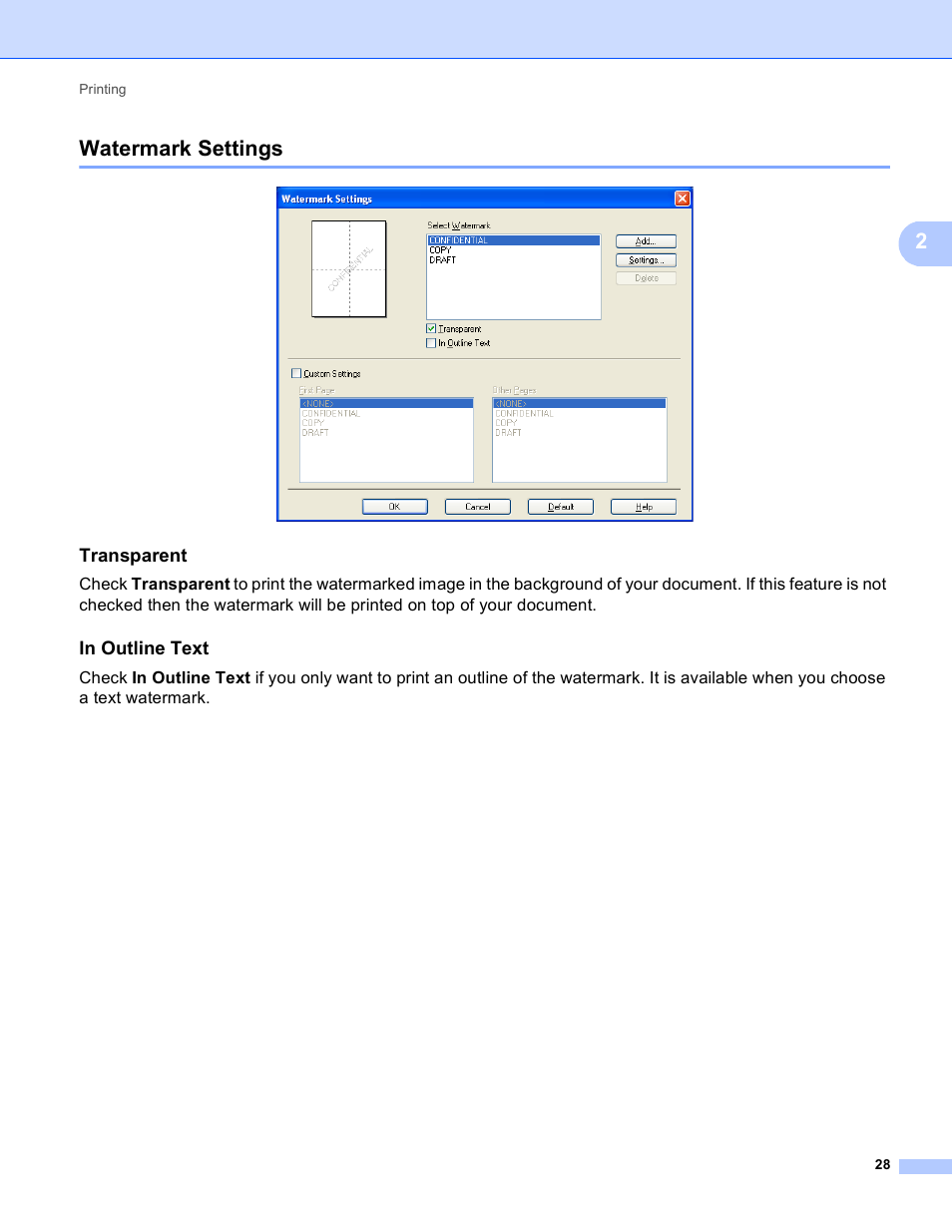 Watermark settings, Transparent, In outline text | 2watermark settings | Brother MFC 9970CDW User Manual | Page 35 / 259