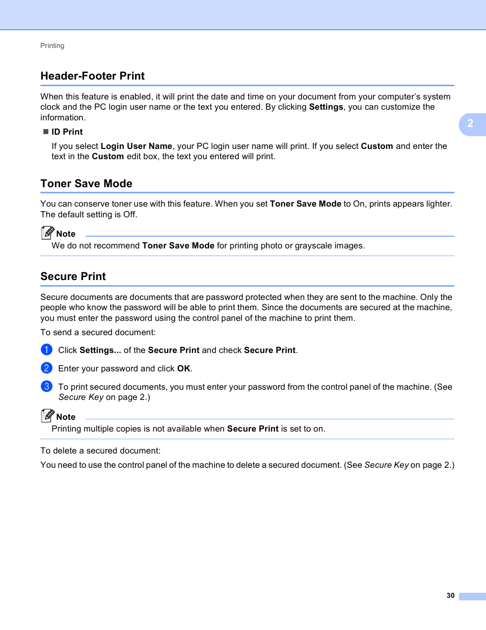 Header-footer print, Toner save mode, Secure print | Header-footer print toner save mode, 2header-footer print | Brother MFC 9970CDW User Manual | Page 37 / 259