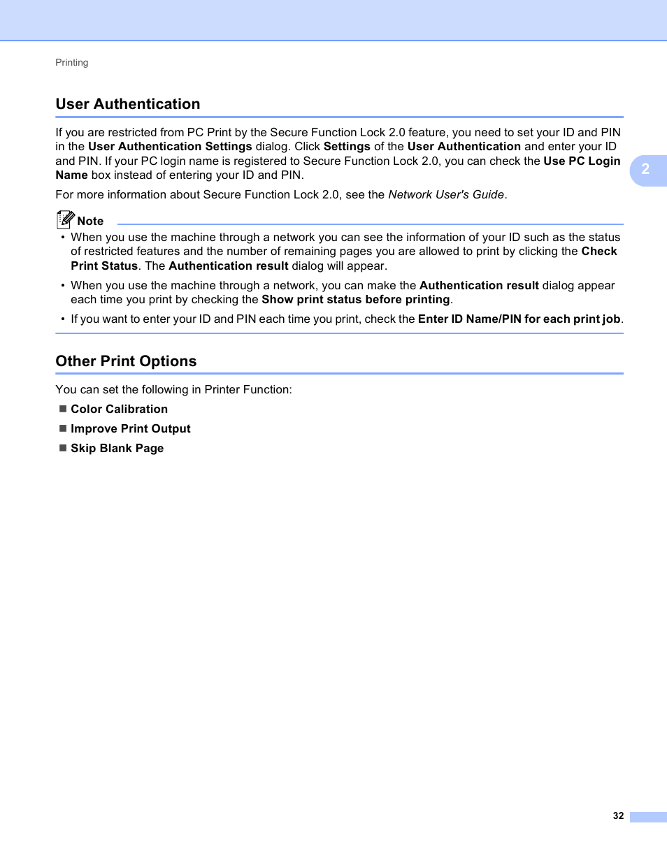 User authentication, Other print options, User authentication other print options | 2user authentication | Brother MFC 9970CDW User Manual | Page 39 / 259