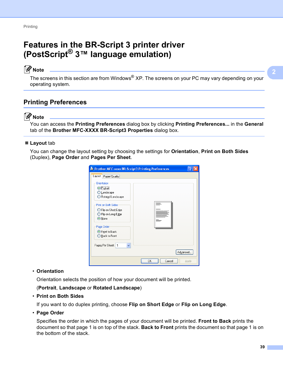 Printing preferences, Features in the br-script 3 printer driver, Postscript | 3™ language emulation) | Brother MFC 9970CDW User Manual | Page 46 / 259