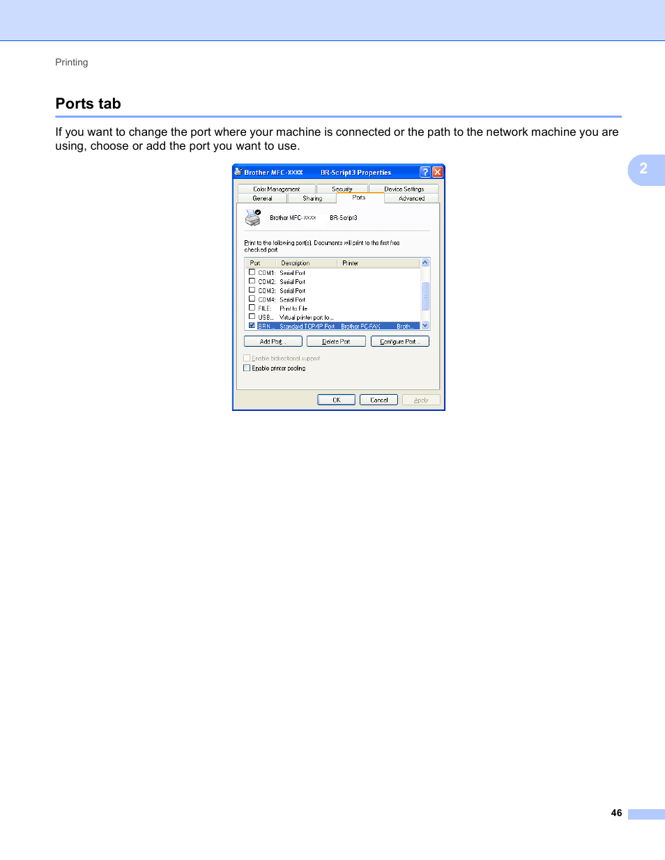 Ports tab, 2ports tab | Brother MFC 9970CDW User Manual | Page 53 / 259