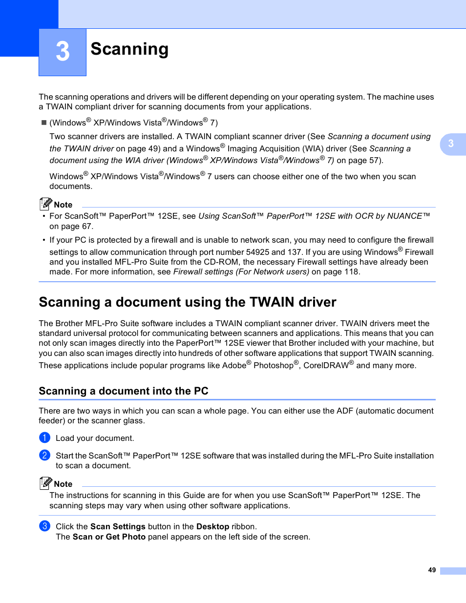 3 scanning, Scanning a document using the twain driver, Scanning a document into the pc | Scanning | Brother MFC 9970CDW User Manual | Page 56 / 259