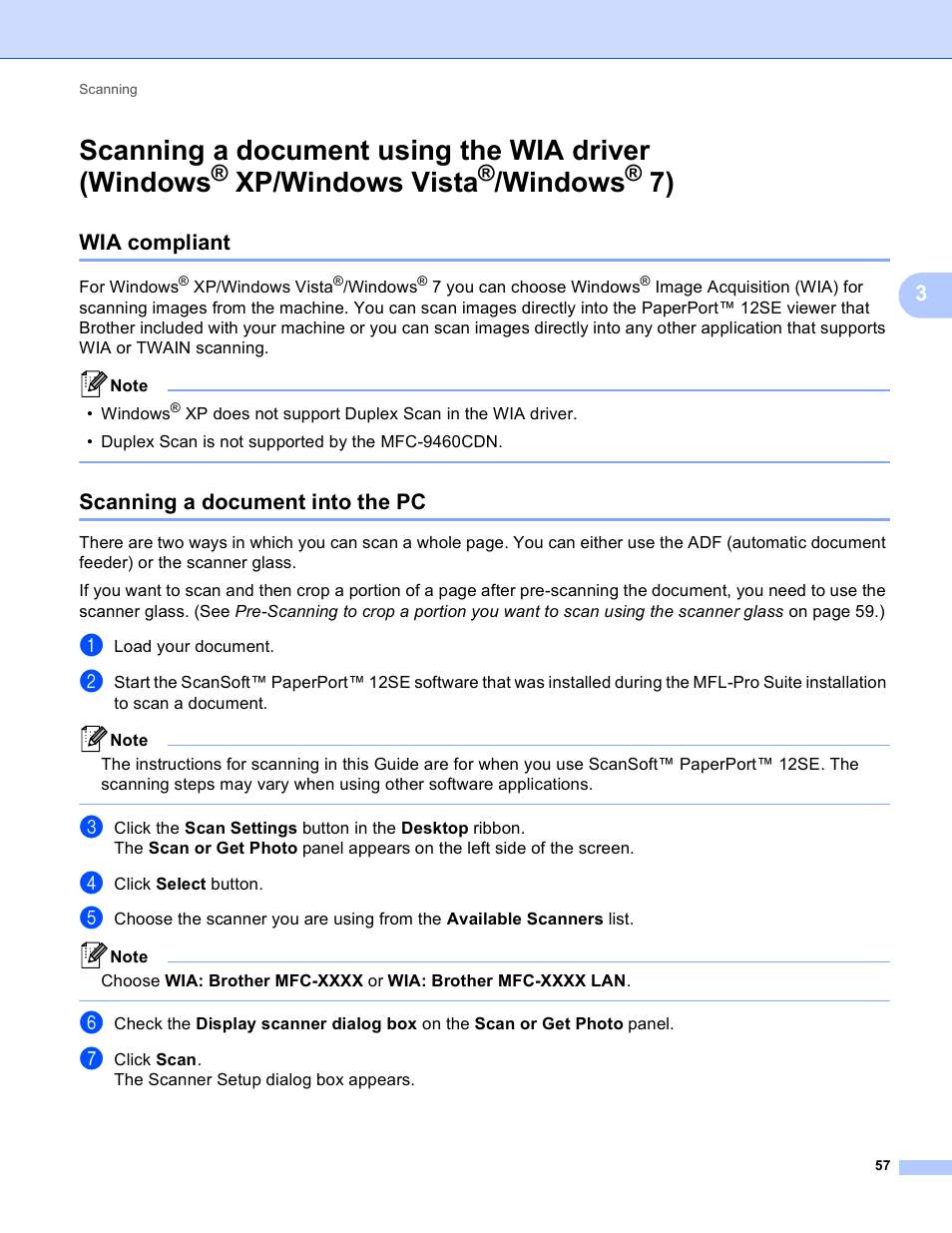 Wia compliant, Scanning a document into the pc, Scanning a document using the wia driver | Windows, Xp/windows vista, Wia compliant scanning a document into the pc, Scanning a, Document using the wia driver (windows, Scanning a document using the wia driver (windows | Brother MFC 9970CDW User Manual | Page 64 / 259