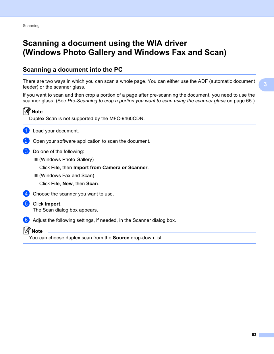 Scanning a document into the pc, Scanning a document using the wia driver, Windows photo gallery and windows fax and scan) | Brother MFC 9970CDW User Manual | Page 70 / 259