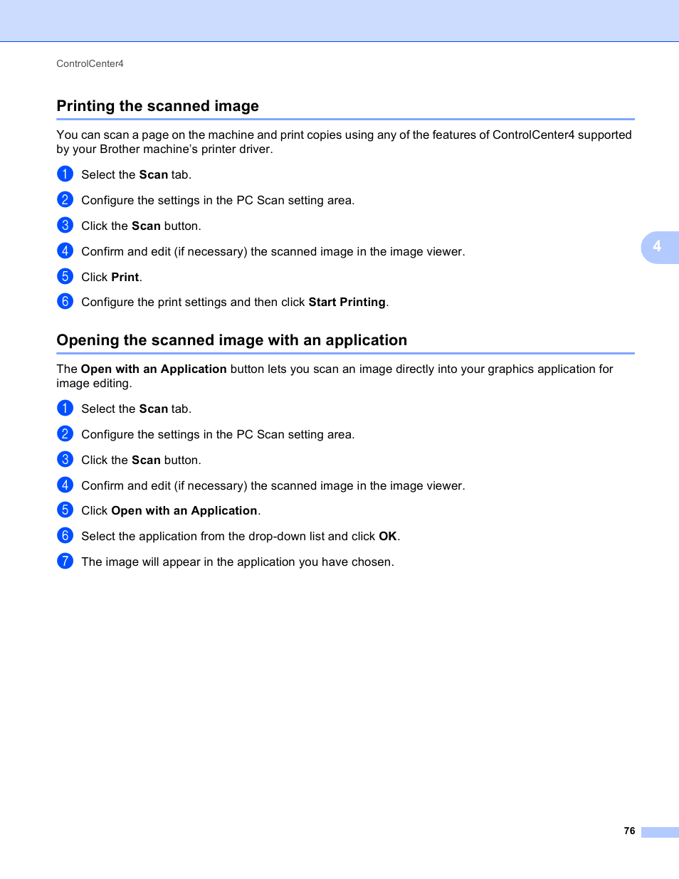 Printing the scanned image, Opening the scanned image with an application | Brother MFC 9970CDW User Manual | Page 83 / 259