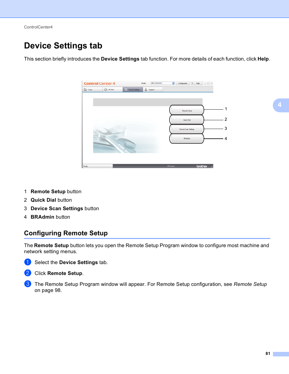 Device settings tab, Configuring remote setup | Brother MFC 9970CDW User Manual | Page 88 / 259