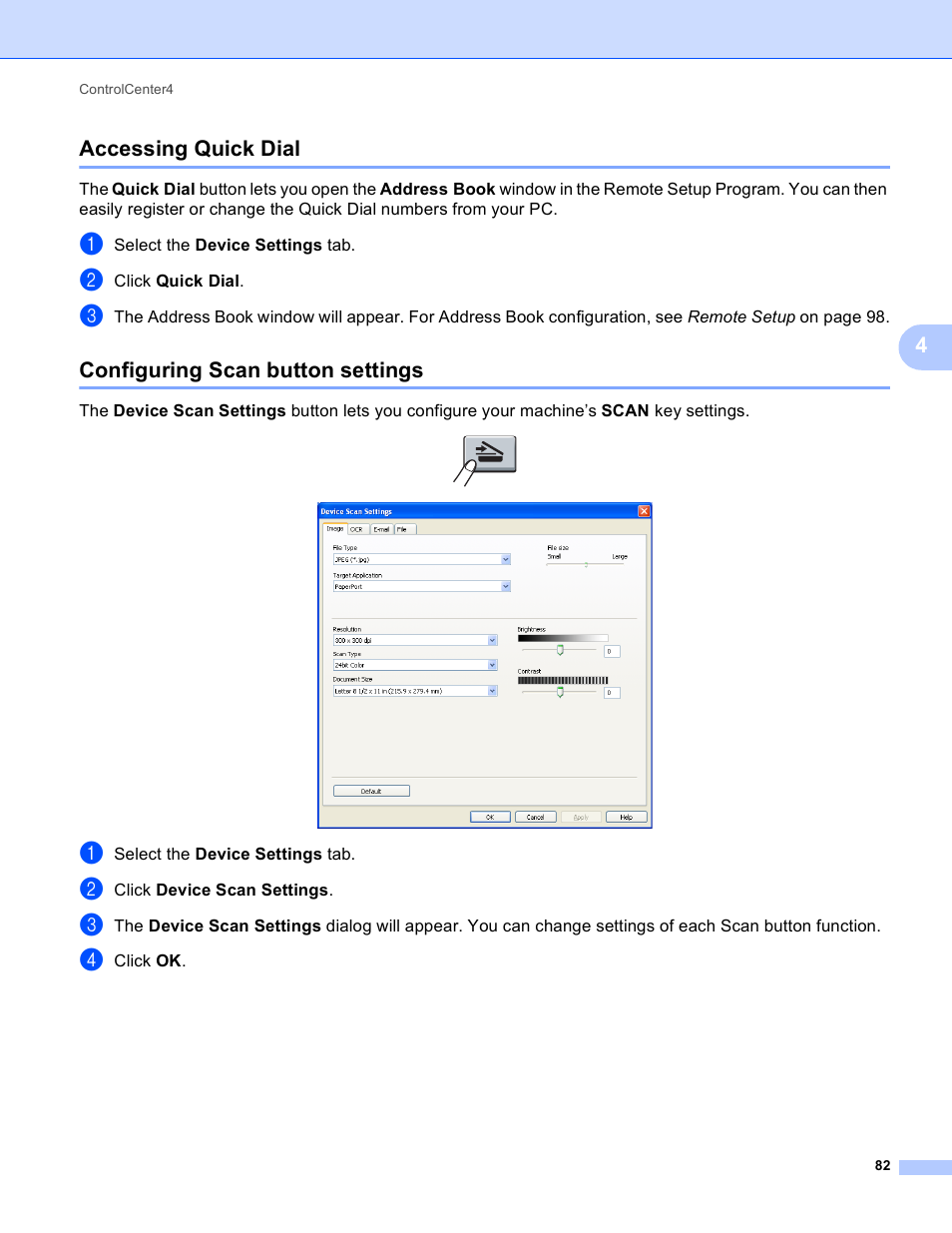 Accessing quick dial, Configuring scan button settings, 4accessing quick dial | Brother MFC 9970CDW User Manual | Page 89 / 259