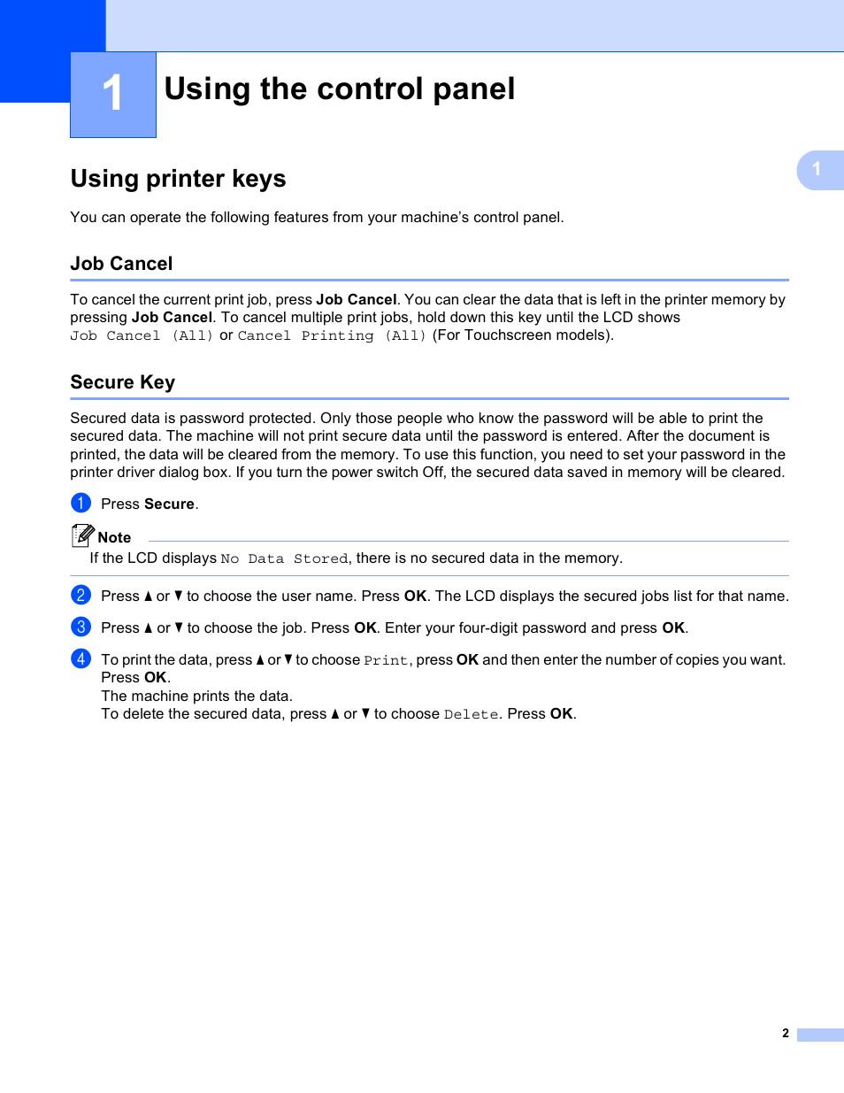 1 using the control panel, Using printer keys, Job cancel | Secure key, Using the control panel, Job cancel secure key | Brother MFC 9970CDW User Manual | Page 9 / 259