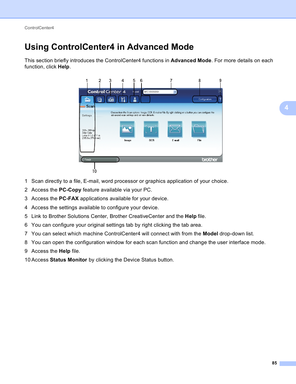 Using controlcenter4 in advanced mode | Brother MFC 9970CDW User Manual | Page 92 / 259