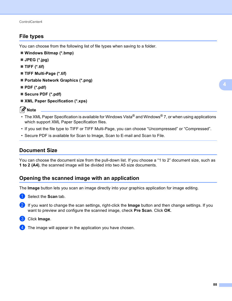 File types, Document size, Opening the scanned image with an application | 4file types | Brother MFC 9970CDW User Manual | Page 95 / 259