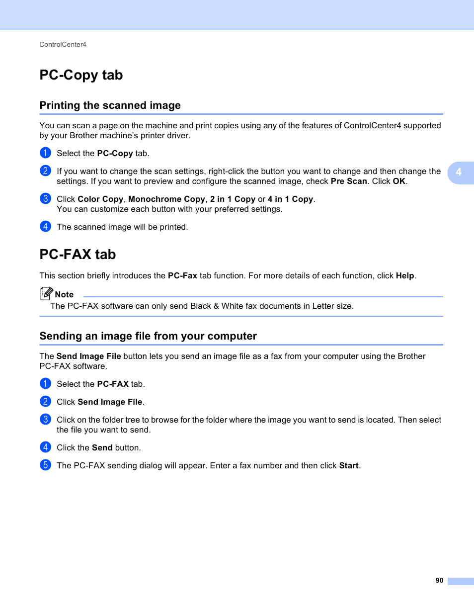 Pc-copy tab, Printing the scanned image, Pc-fax tab | Sending an image file from your computer | Brother MFC 9970CDW User Manual | Page 97 / 259