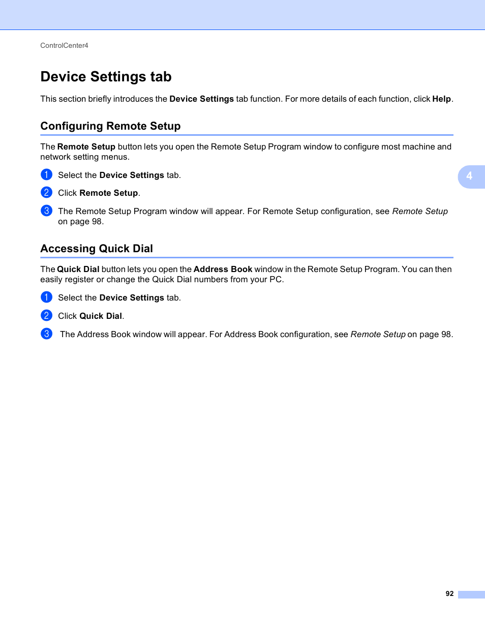 Device settings tab, Configuring remote setup, Accessing quick dial | Configuring remote setup accessing quick dial | Brother MFC 9970CDW User Manual | Page 99 / 259