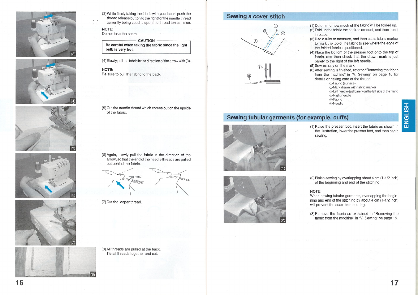 Note, Caution, Sewing a cover stitch | Sewing tubular garments (for example, cuffs) | Brother 2340CV User Manual | Page 10 / 21