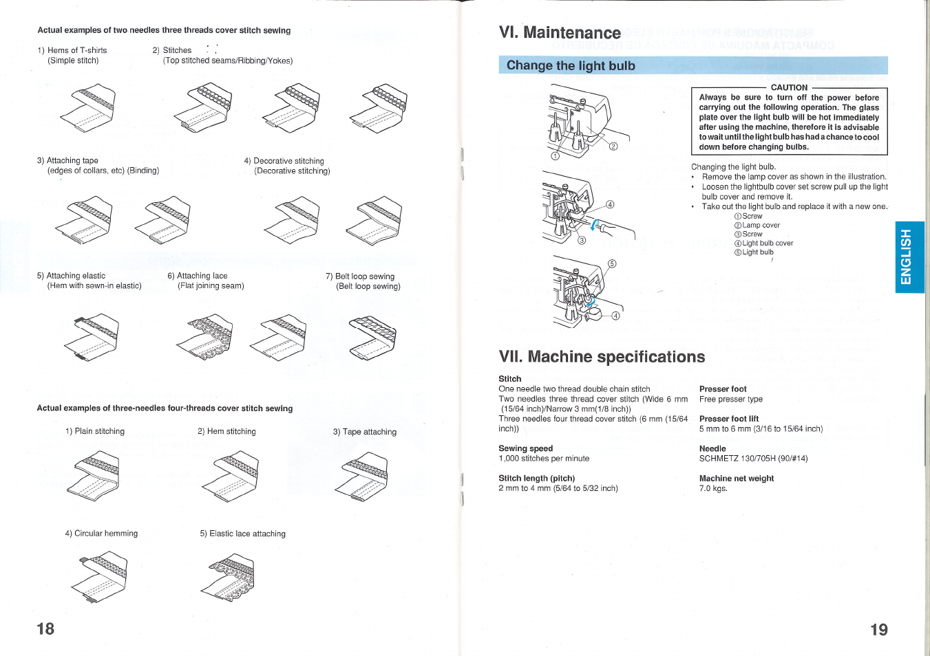 Change the light bulb, Vii. machine specifications, Stitch | Sewing speed, Stitch length (pitch), Presser foot lift, Needle, Machine net weight, Vi. maintenance | Brother 2340CV User Manual | Page 11 / 21