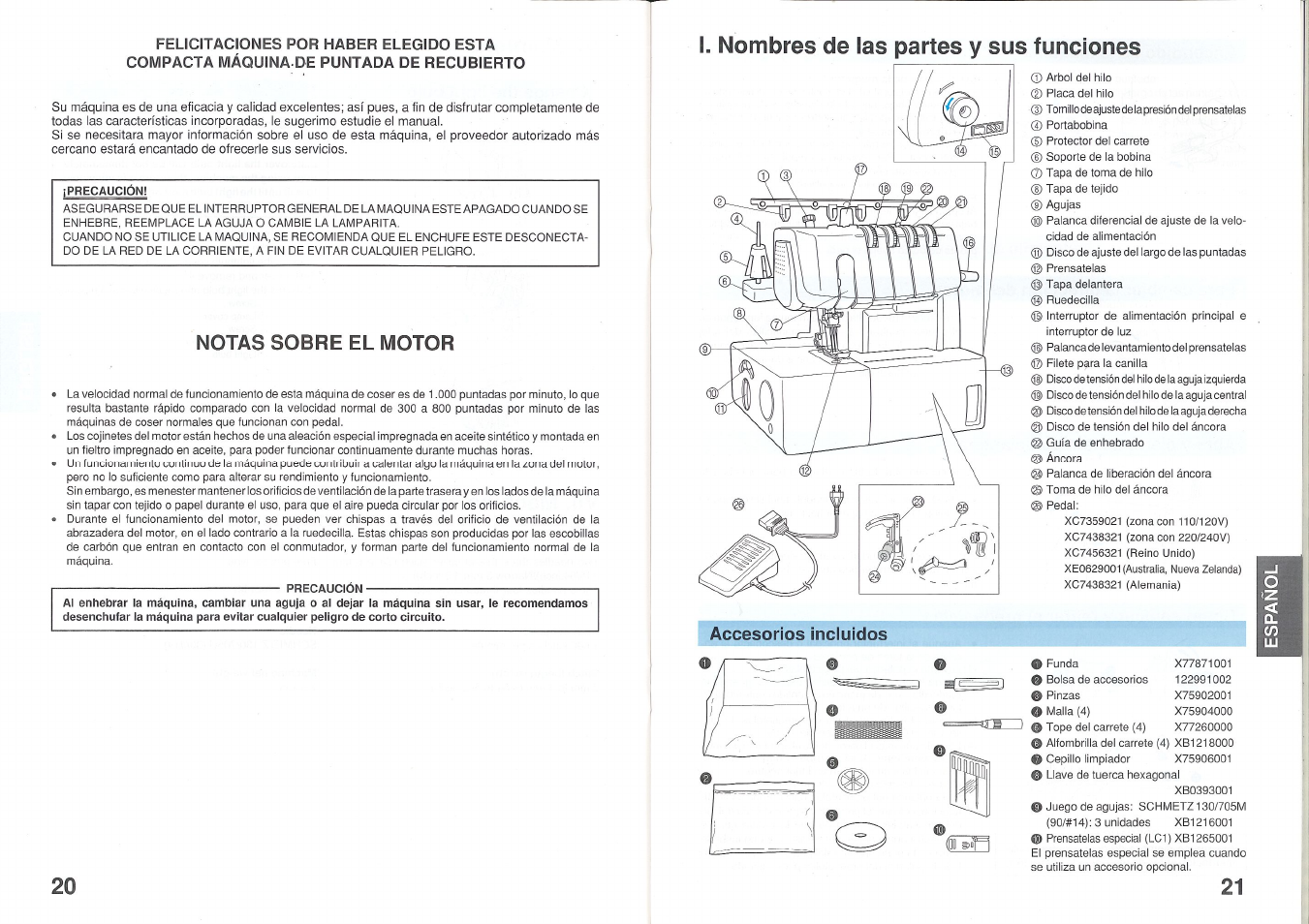 Precaucion, Notas sobre el motor, I. nombres de las partes y sus funciones | Accesorios incluidos, Accesorios incluidos o | Brother 2340CV User Manual | Page 12 / 21