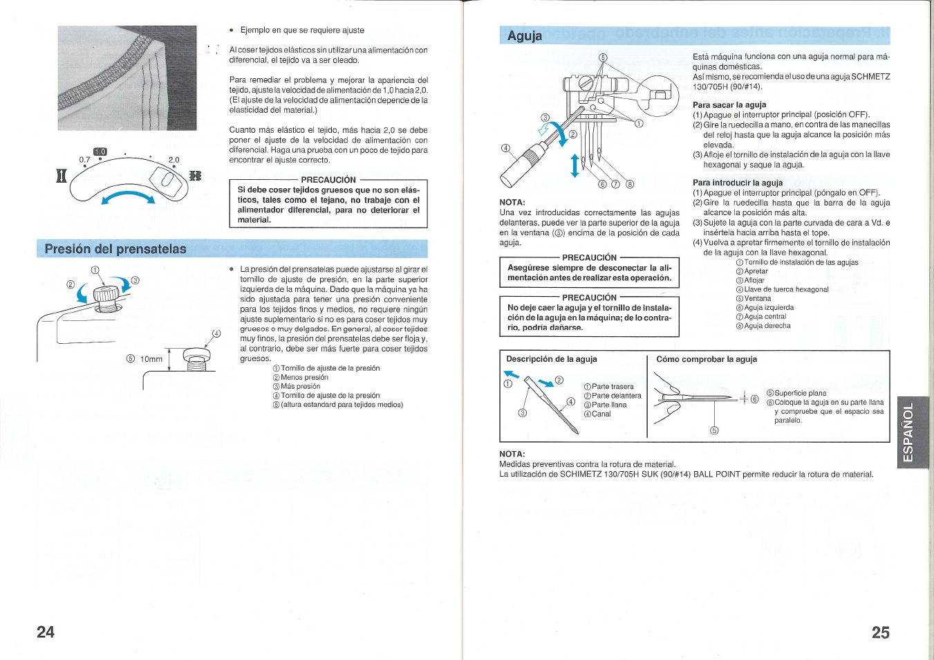 Precaucion, Aguja, Nota | Para sacar la aguja, Para introducir la aguja, Presión del prénsatelas | Brother 2340CV User Manual | Page 14 / 21