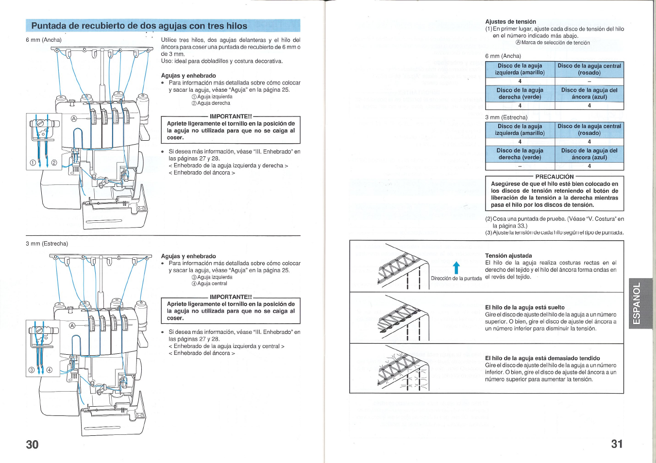 Puntada de recubierto de dos agujas con tres hilos, Importante, Ajustes de tensión | Precaucion, Tensión ajustada, El hilo de la aguja está suelto, El hilo de la aguja está demasiado tendido, Rrfejin w | Brother 2340CV User Manual | Page 17 / 21