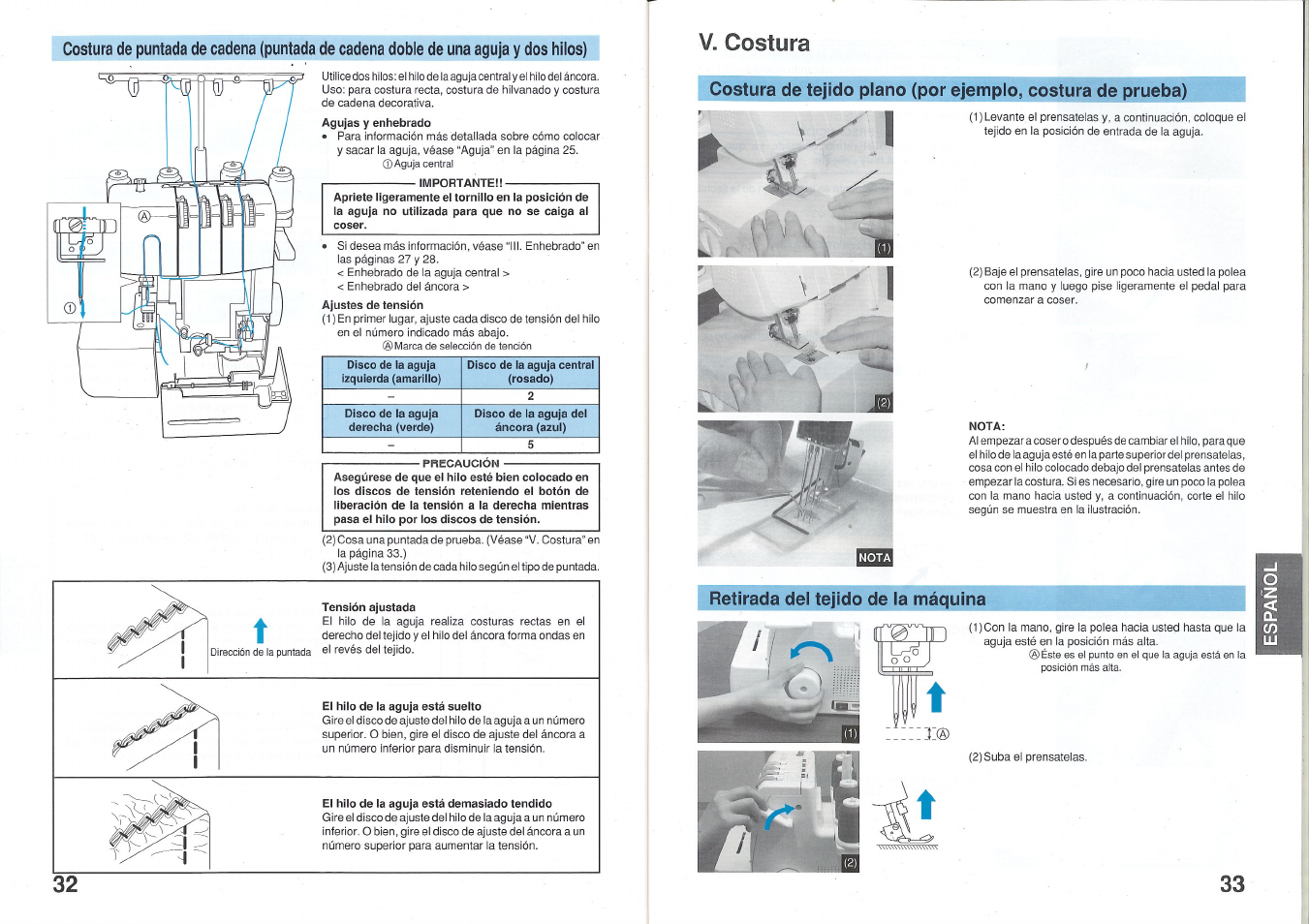 Importante, Nota, Retirada del tejido de la máquina | 32 v. costura | Brother 2340CV User Manual | Page 18 / 21